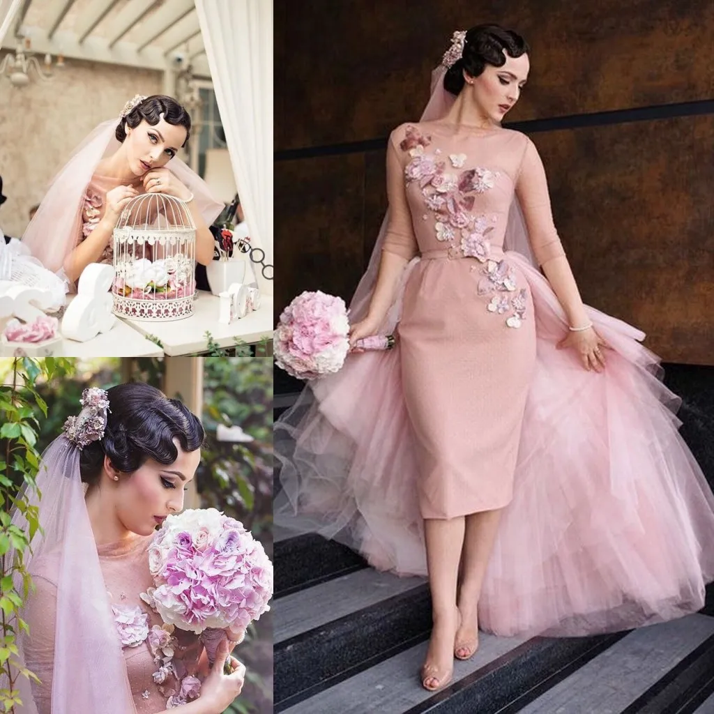 Retro Blush Różowe Suknie Ślubne Bateau Neck Pół Rękawy Handmade Kwiaty Tulle Płaszcza Herbata Długość Vintage Krótkie Wedding Party Dresses