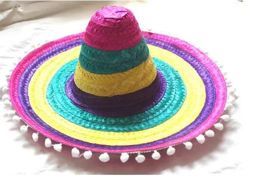 Party Hat Cosplay Costume Hawaii Mexico Большой Большой Брайм Соломенная шапка с Помпонами Шарики Смешные Бесплатная Доставка