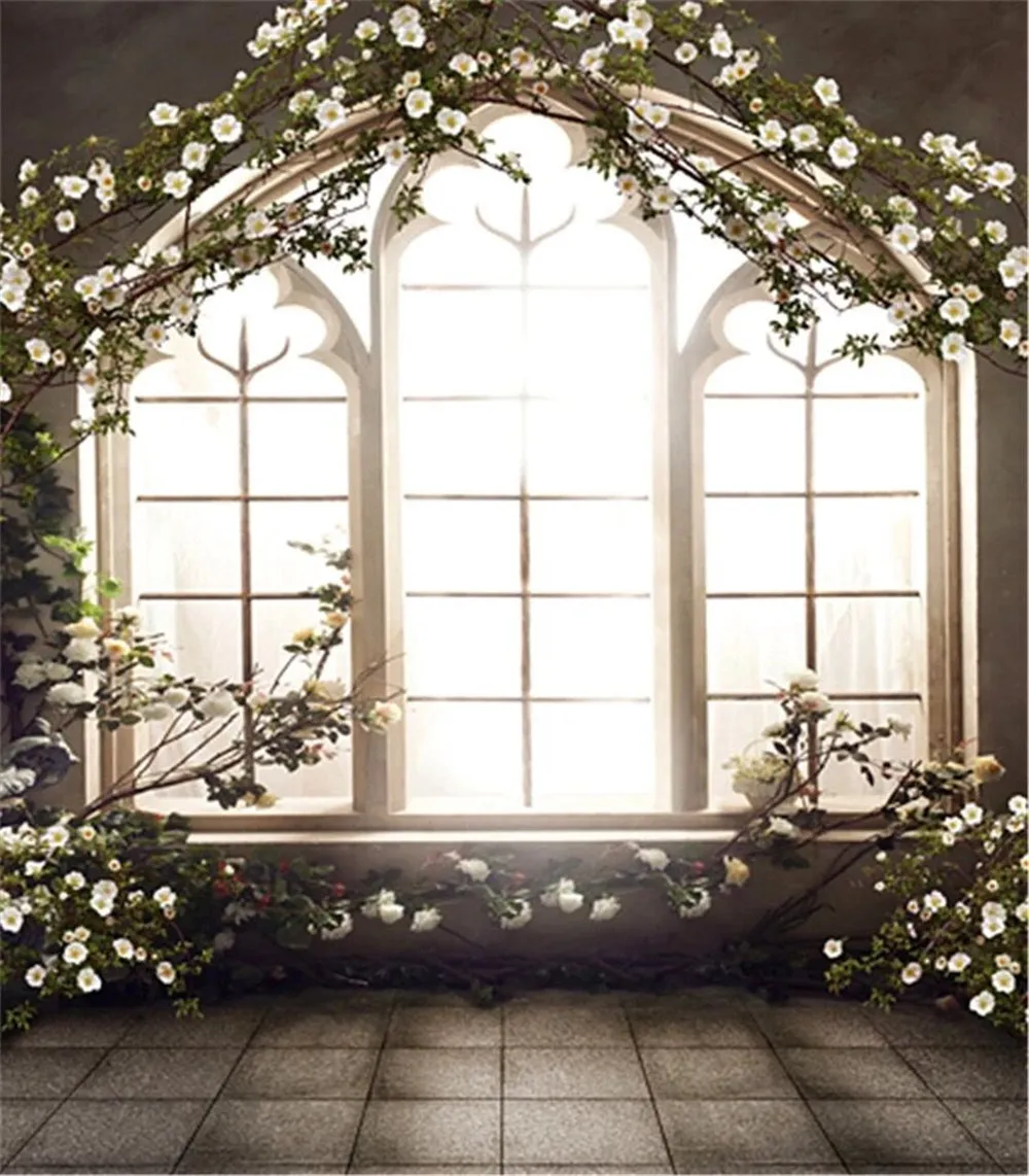 8x12ft Romantic Wedding Photo Backdrops Retro Vintage French Window Spring Flowers Studio Decor Props Photography Picture Background Cloth