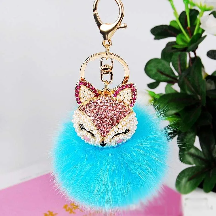 Cute Rhinestone Fox Fox Keychain With Real Rabbit Fur Ball Available ...