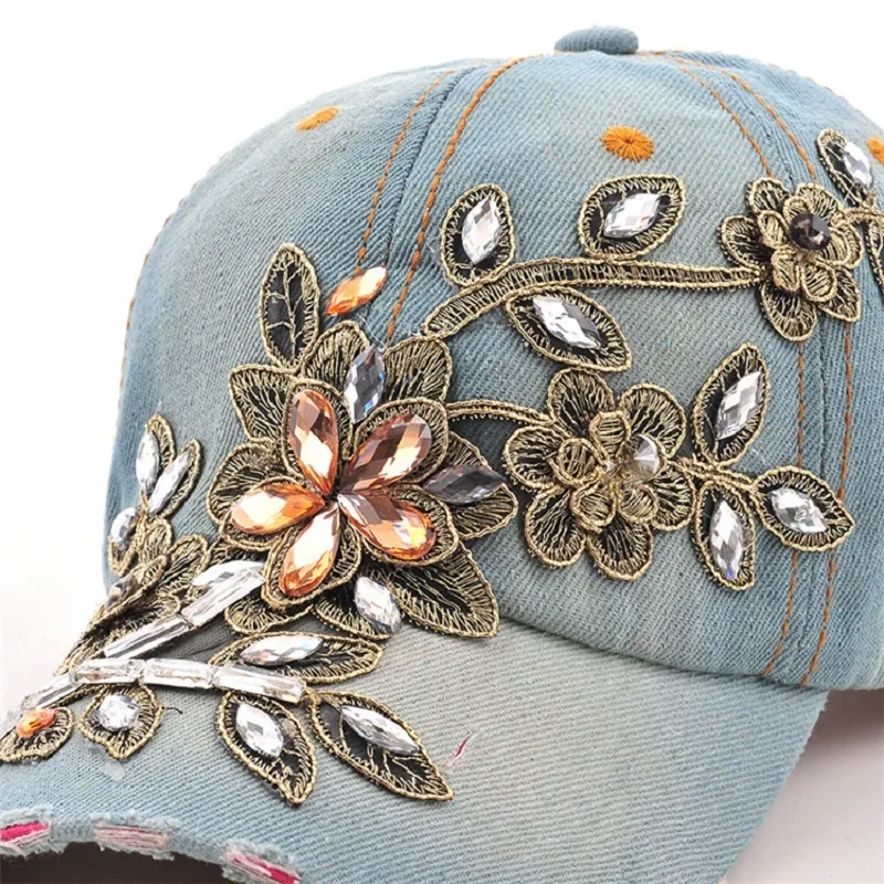 Women Fashion Denim Baseball Cap Jean Crystal Canvas Sports Hat Hip hop Snapback Caps Adjustable Casquette Sunhats