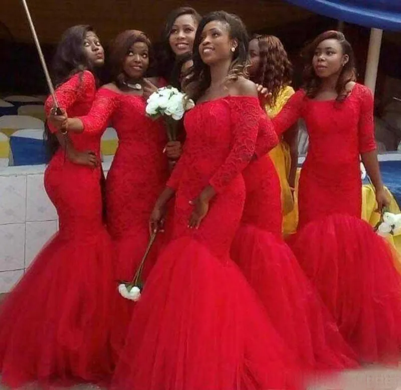 Плюс размер с длинным рукавом кружева русалка невесты платья красный тюль арабская вечеринка горничная почва вечерние платья для свадьбы гость 2017