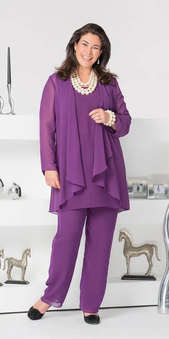 Purple Chiffon Mother Of The Bride Pant Suits Jewel Neck Wedding Guest Dress With Jacket Plus Size Mothers Of The Groom Dresses