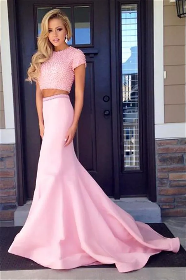 2022 Pink Two Pieces Evening Prom Dresses Mermaid Beaded Capped Sleeve Formal Gown Short Sleeves Women Party Pageant Dress Floor Length