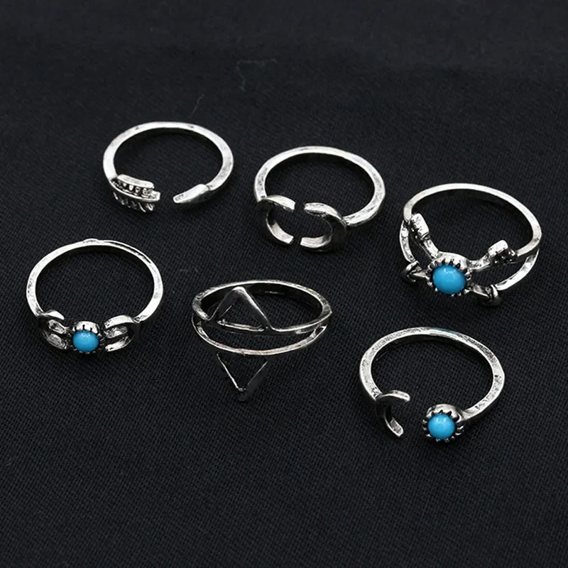 Mode losse steen maan pijl gewricht ring 6 stks van combinatie pakketten legering ring vrouwen zilveren bruiloft verlovingsringen sieraden groothandel