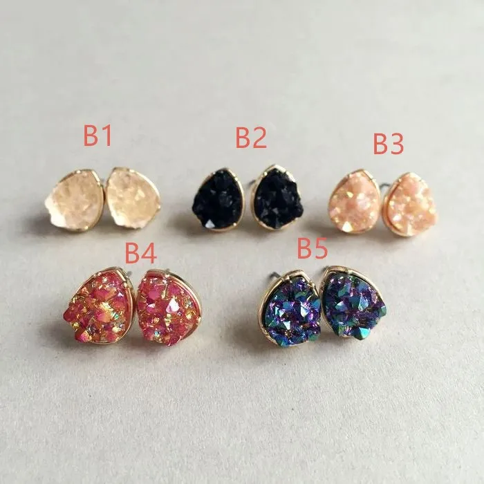 Mode Drusy Druzy boucles d'oreilles argent plaqué or rond goutte carré 5 couleurs cristal de roche pierre boucles d'oreilles pour femmes bijoux