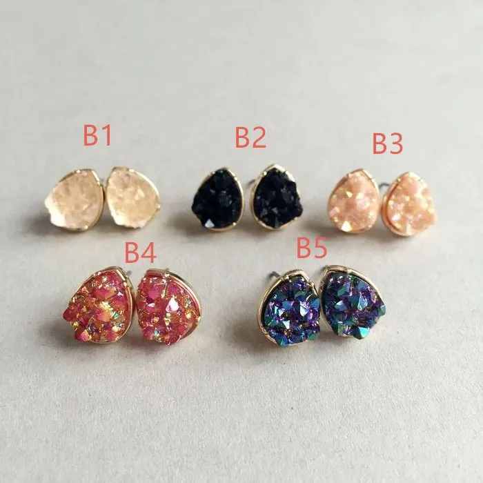 الأزياء drusy druzy أقراط الفضة مطلية بالذهب جولة قطرة مربع 5 ألوان الصخرة الكريستال حجر الأقراط للنساء مجوهرات