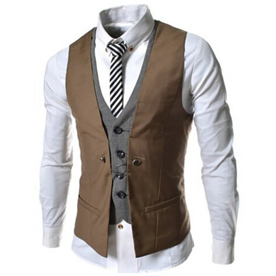 Wholesale- New Listing Men Vest Fashion  False Two Design Waistcoat Male Casual Slim Fit Suit Vests Men Plus Size M-XXL 6COLOR