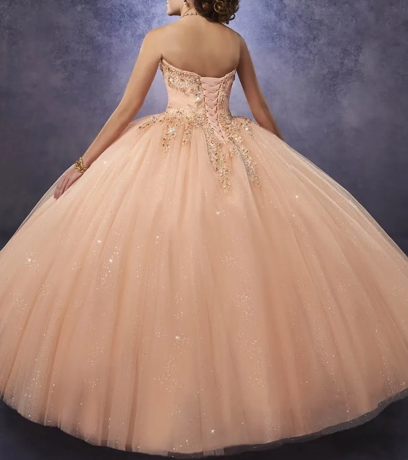 2023 Quinceanera-Kleider aus funkelndem Tüll, Ballkleid, herzförmiger Ausschnitt, gerüschtes Oberteil mit Spitze und Perlen, abnehmbare Träger, Mädchen 284o