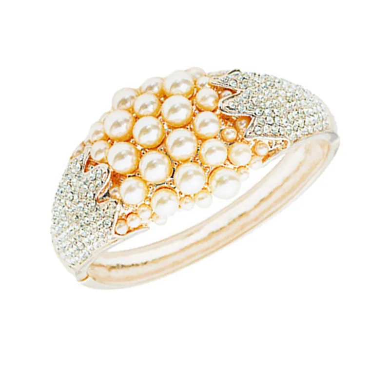 Design Top Quality Rhinestone Faux Pearl Wedding Bracelets Rose Gold Plated Metal Cuff Bracelet for Women Bride Bangle Jewelry