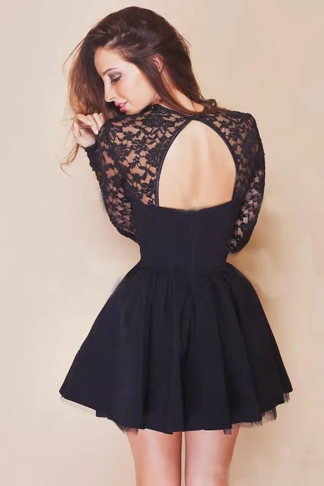 2019 Cute Short Prom Dresses Cheap Black Lace Long Sleeve Backless Chiffon Party Cocktail Dress Kids Graduation Homecoming Dress Gowns