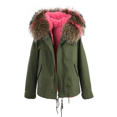 Jazzevar Merk Blauw Bont Trim 100% Konijnenbont Voering Leger Mini Canvas Parkas Liner Afneembare Vrouwen Sneeuwjassen als mevrouw Stijl