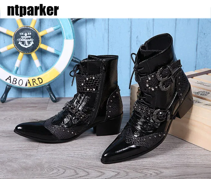 Western Cowboy Boots Män 6cm Pekad Toe High Top Dress Boots Man Fashion Buckle Lace Up Ankel Boot Black Short Boot Man, EU38-46!