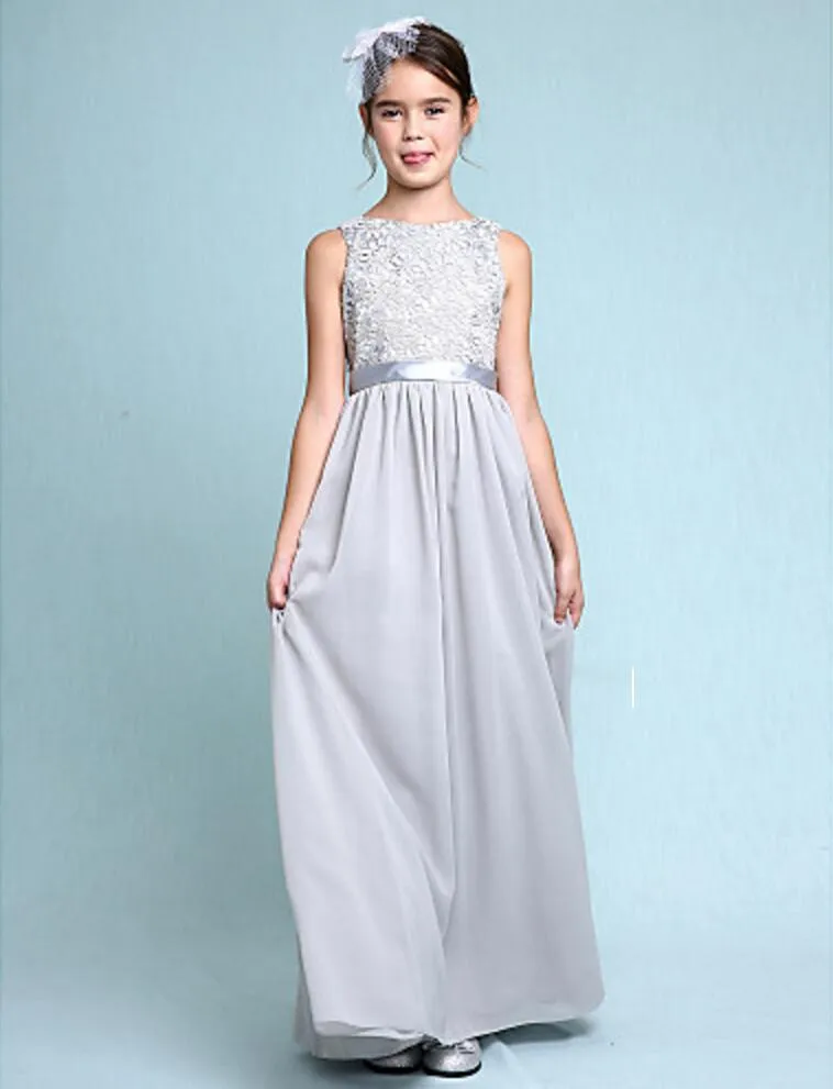 Bateau A-line Floor-length Chiffon Lace Junior Bridesmaid Dress For Kids Wedding Girls Christmas Dresses