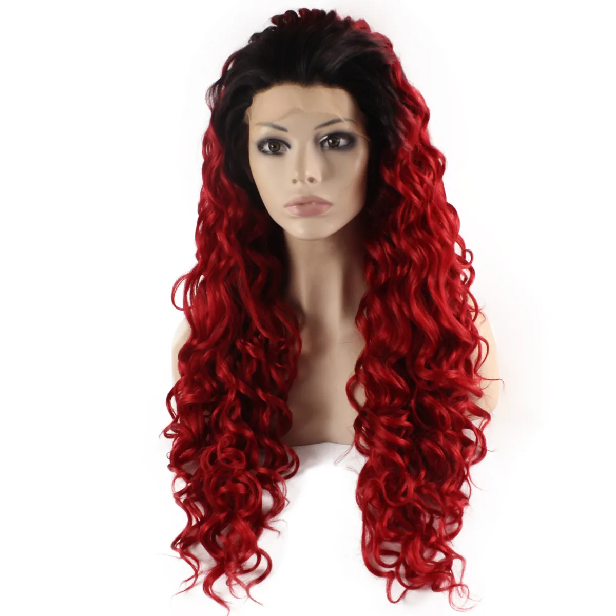 26inch Long Curly Black Red Ombre Värmebeständig Hårspets Front Wig