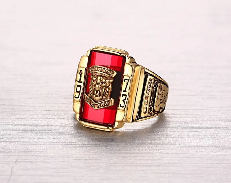 High quality Men's Rock Punk Ring Gold color Large Red CZ Stone Ring Jewelry 1973 Lion Head Party Rings For Men