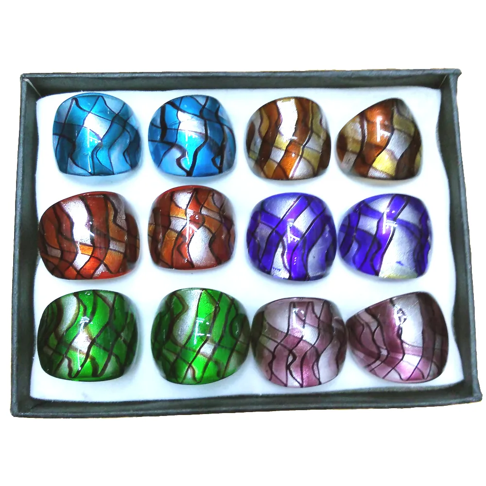 Gümüş Folyo Murano Yüzükler Şerit Tasarımı, El Yapımı Tüm Cam İşi, Altı Renkler Paketi 12 adet Ücretsiz Kargo