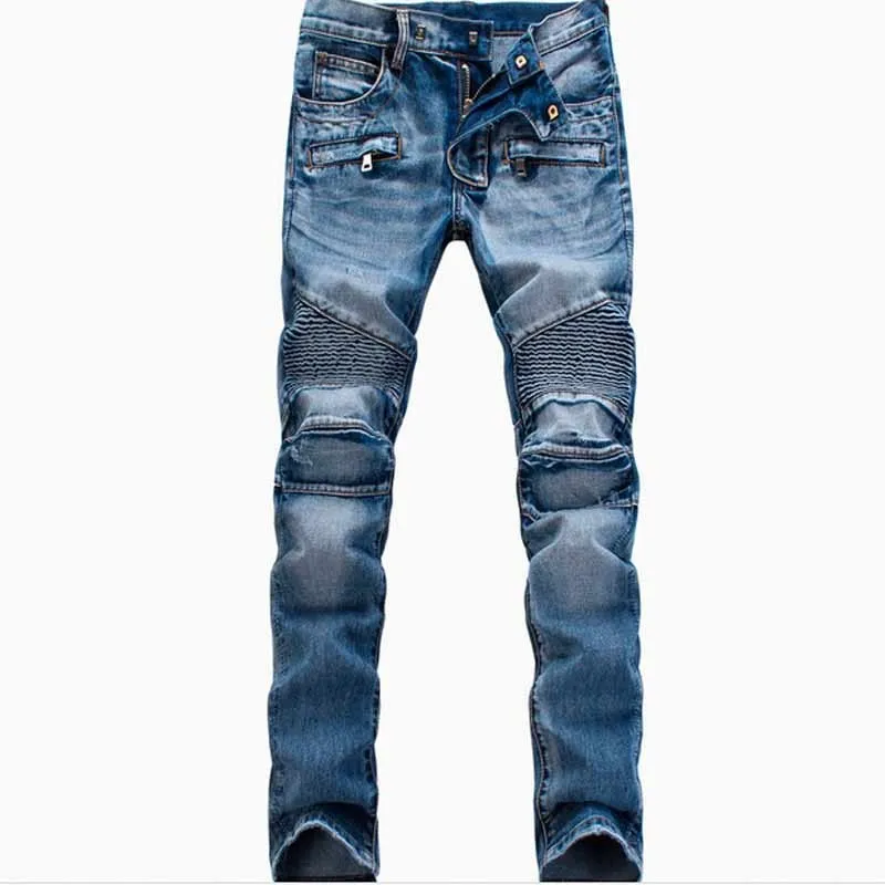 Wholesale- Men's Fashion high quality Ripped Biker Jeans Men Distressed Moto Denim Joggers Washed Pleated Jeans Pants Black Blue White