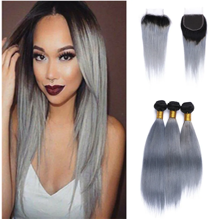 Dois Tons 1b Cinza Brasileira Virgem Do Cabelo Weave Lace Encerramento Com Bundles Em Linha Reta Extensões de Cabelo Humano Ombre Cinza de Prata cabelo Com Fecho