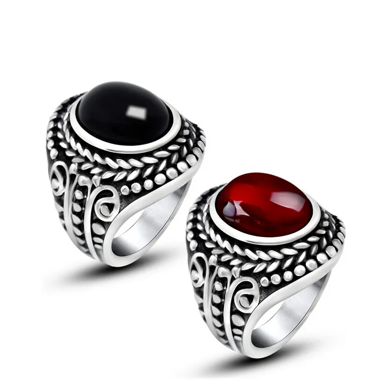 Vintage Design Mens Titanium Steel Ring Red Black Agate Rings Antique Silver Gemstone Jewelry Party Gifts 8-12 Sizes