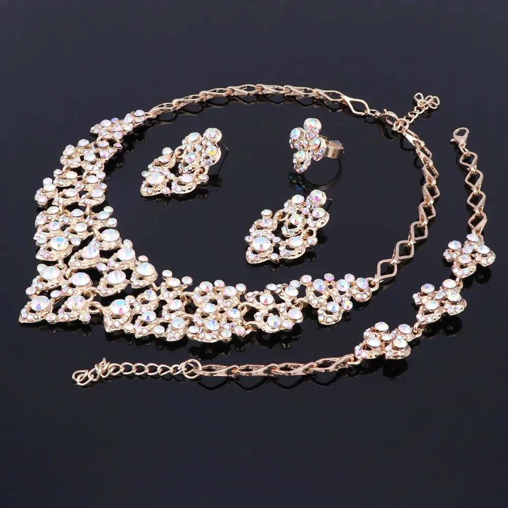 Лучшие изысканные Dubai Gold Colors Crystal Embedded шарф шаблон ожерелье браслет сережки кольцо африканских бусин ювелирных изделий