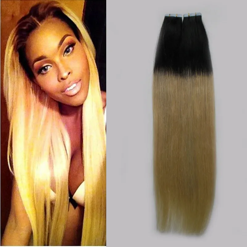 Ombre Tape in Hair Extensions 100G 40 stks Rechte # 1B / 613 Tape in Menselijk Hair Extensions Ombre Menselijk Haarverlenging Blond