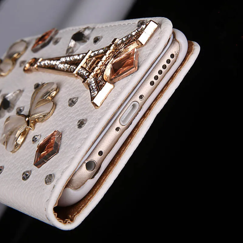 Bling Rhinestones Glänsande Eiffeltornet Vit Flip Leather Phone Case Cover för iPhone 5G / 5S 6g / 6s för Samsung Galaxy Note5 Bag Case