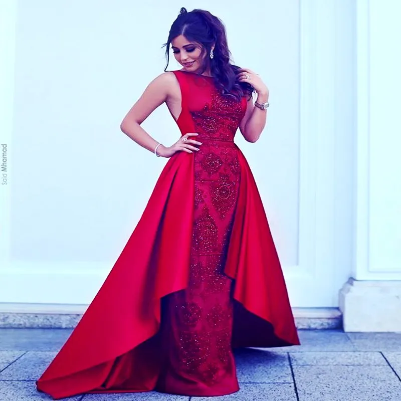 Arabic Style Red Sheath Prom Dresses With Overskirts Satin Sequins