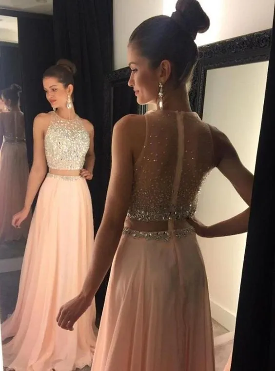 Blush Pink Two Piece Prom Dress, A Line Chiffon Gown With Jewel Colored  Crystal Beading, Halter Neck, Backless Zipper, Sweep Train, Built In Bra  For Special Occasion From Crown2014, $140.21 | DHgate.Com