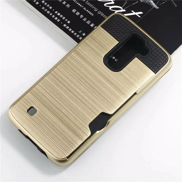 Armor TPU + PC Funda híbrida con ranura para tarjeta de crédito cepillada CUBIERTA PARA LG G6 G5 K4 K5 K7 K8 K10 LS770 LS775 LV1 LV3 LV5 X SKIN X POWER X STYLE HX