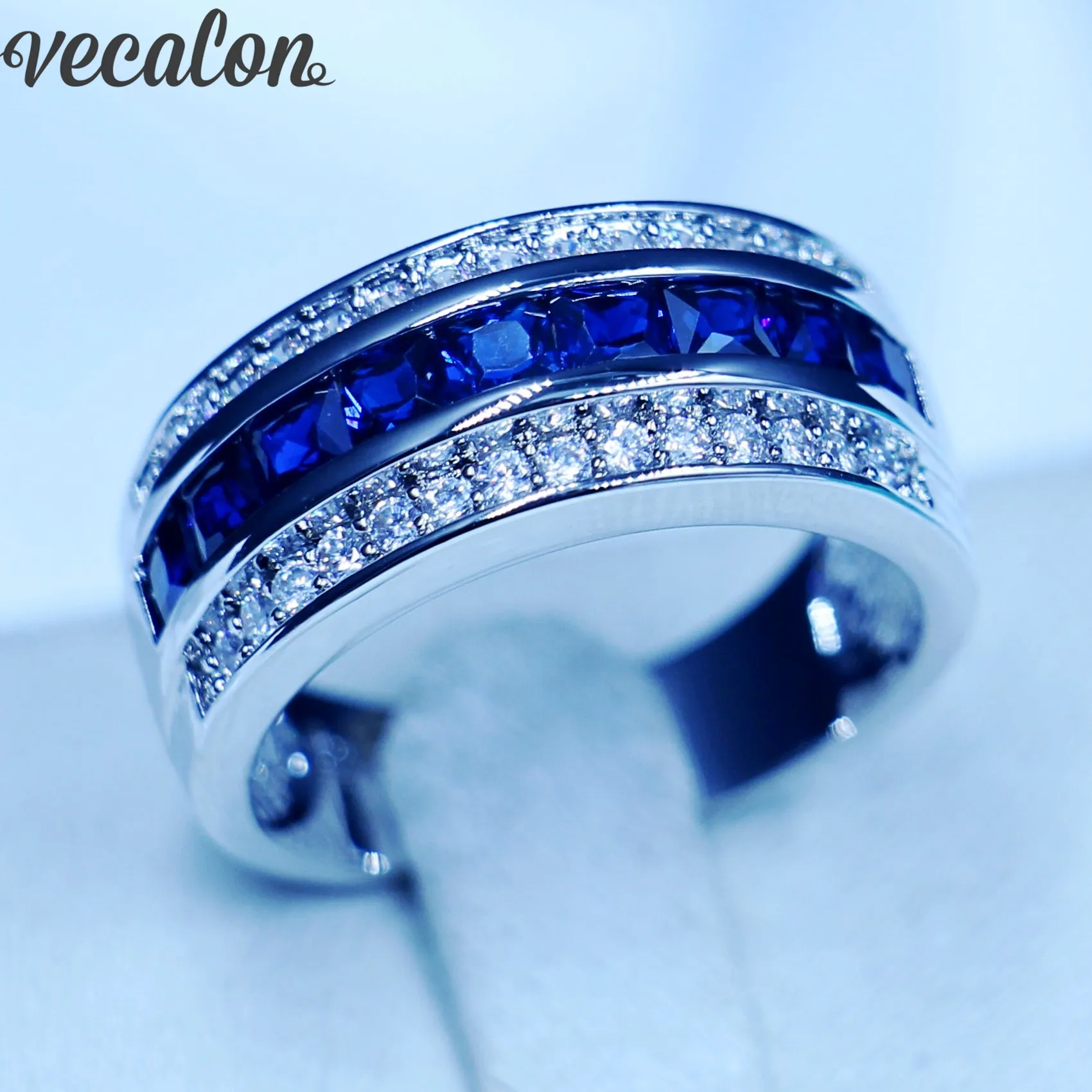 Vecalon princesa corte safira cz anel de banda de casamento para homens 10kt branco ouro encheu o anel de banda masculina masculina