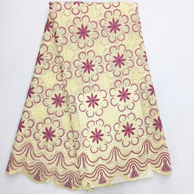 5 yards fashion yellow african cotton fabric with purple flower design swiss voile lace for dresssing bc1337