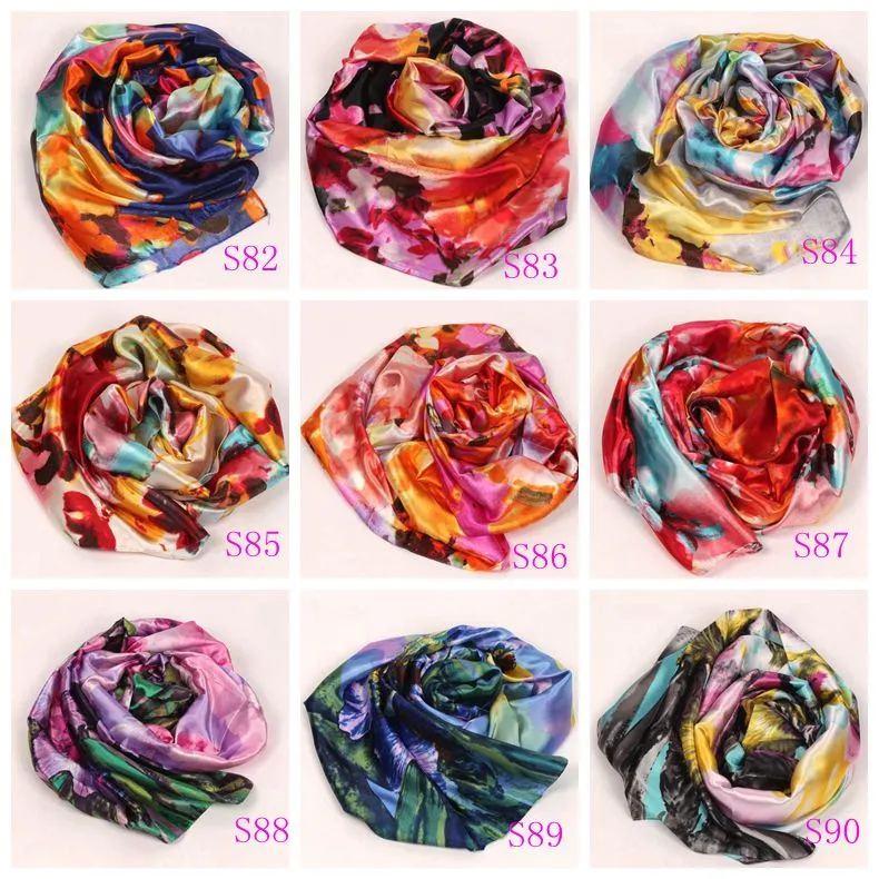 9STYLES Lavande Rouge Noir Lys Fleur Foulards Femmes Mode Satin Peinture À L'huile Long Wrap Châle Plage Foulard En Soie 160X50cm S82-s90