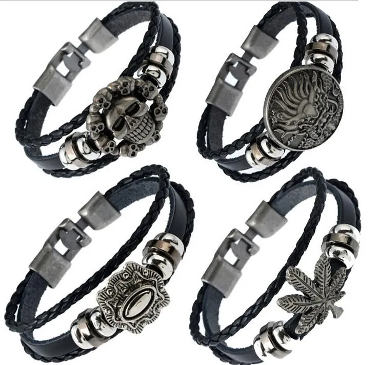 2017 Vente chaude Bracelet en cuir de vachette argenté antique 100% bracelet en cuir de vachette Boucle Crâne Feuilles d'érable en cuir Couple Bracelet mix 4 styles 12pcs / lot