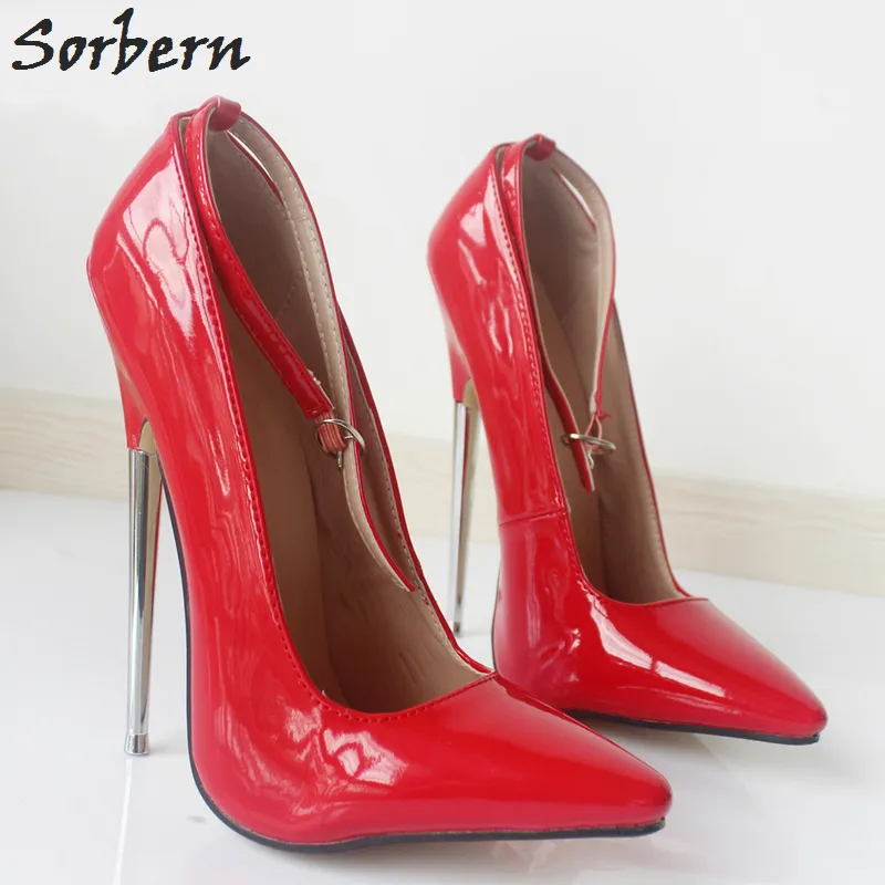 Sorbern 18Cm 7" Stiletto Fetish Dress Shoes Sharp Toe Ankle Strap Pumps Spike Metal High Heel Bondage Bdsm