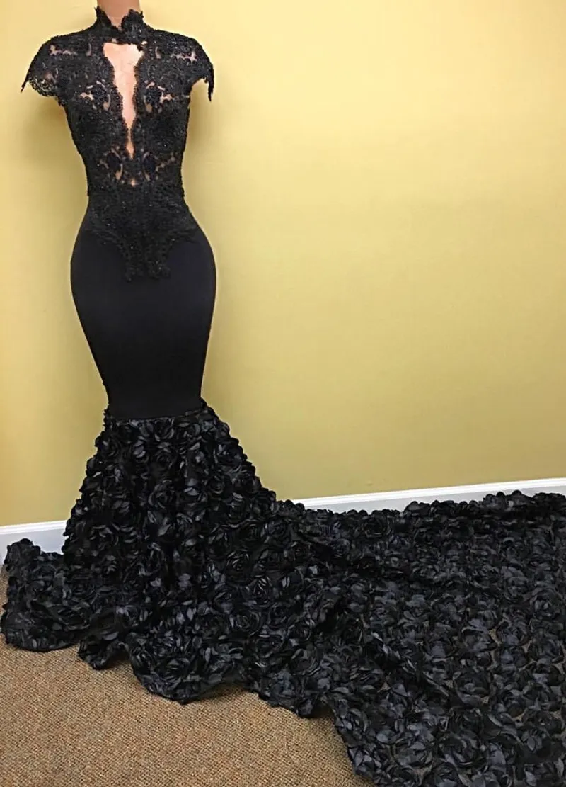 Sexy 2K17 Mermaid Prom Dresses 3D Floral Flowers Cap Mouwen Hoge Hals Kant Lange Kapel Trein Formeel 2017 Nieuwe Feestjurk Avondjurken