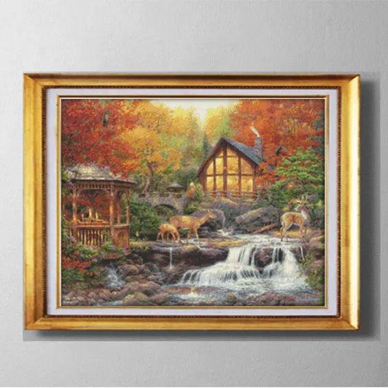 Deer drinking near the stream scenery,handmade Cross Stitch Needlework Embroidery kits, painting counted print on canvas DMC 14CT /11CT