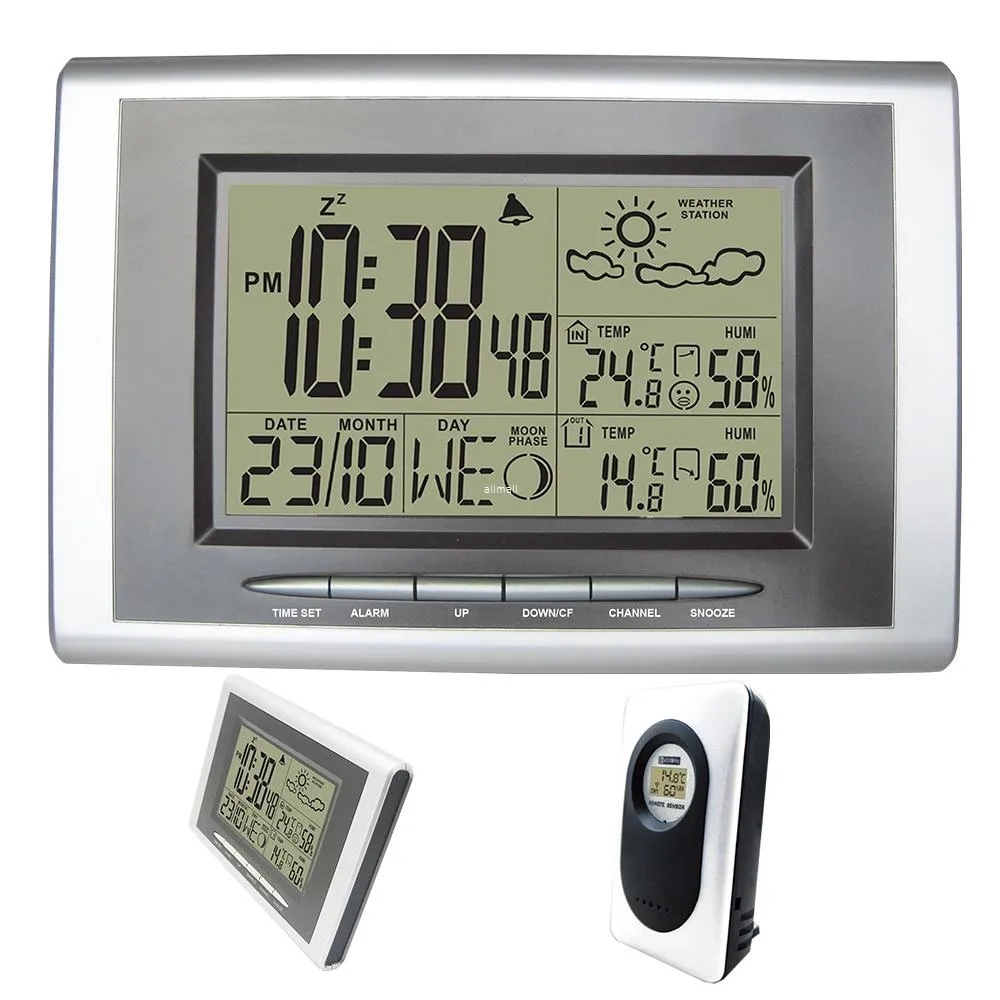 Freeshipping Digital Alarm Clock Radio Controlled Sensor RCC DCF Trådlös väderstation med inomhus utomhus termometer hygrometer