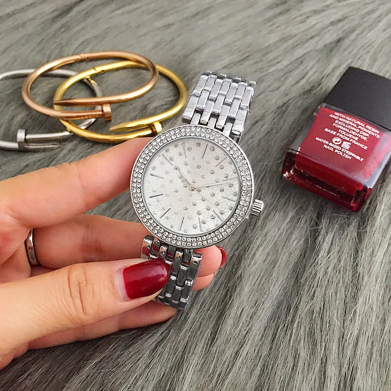 Projektowanie mody marka damska dziewczyna crystal Dial pasek ze stali nierdzewnej kwarcowy zegarek na rękę M6056-3