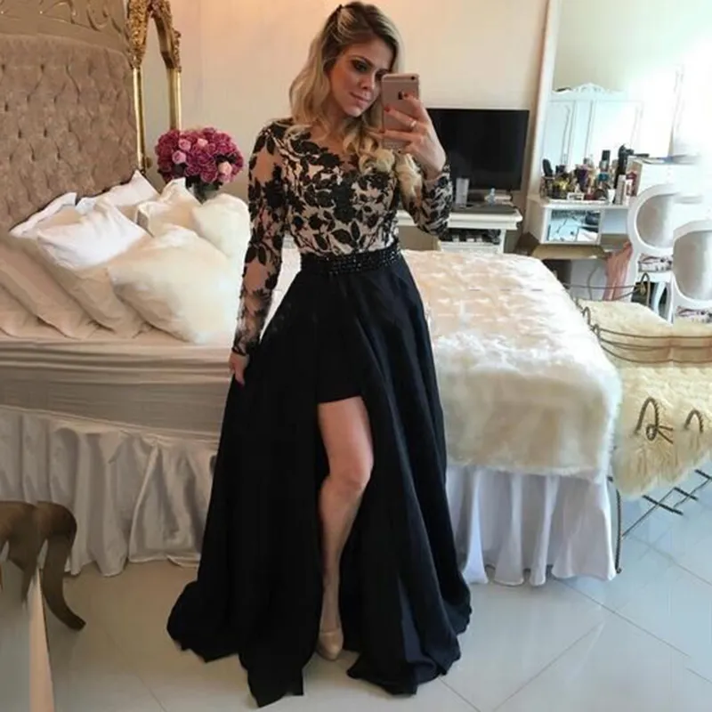 Sexy zie door kleding zwarte lange mouwen hoge mouwen hoge lage prom -jurken met afneembare rok kanten applique avond feestjurken jurken