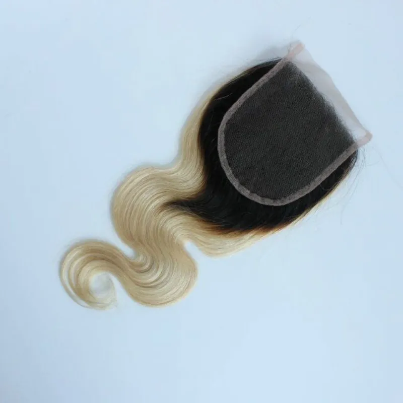 EW Body Wave Virgin Indian Menselijk Haar Ombre Blonde Kantsluiting 4 * 4 met Baby Haar T1B613 Sluitingen Gebleekte Knopen