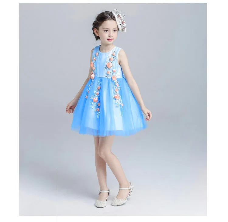 Estate 2017 New Princess Birthday Party Dress 4-12T Blue Color Flower Girls Dress abbigliamento bambini ragazze ragazze adolescenti