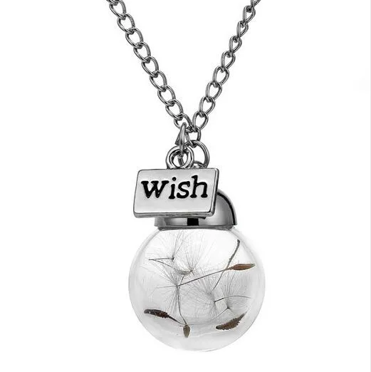 Collana con bottiglia di vetro Semi di tarassaco naturale in collana lunga di vetro Make A Wish Glass Bead Orb Collana in argento placcato gioielli G1256563278