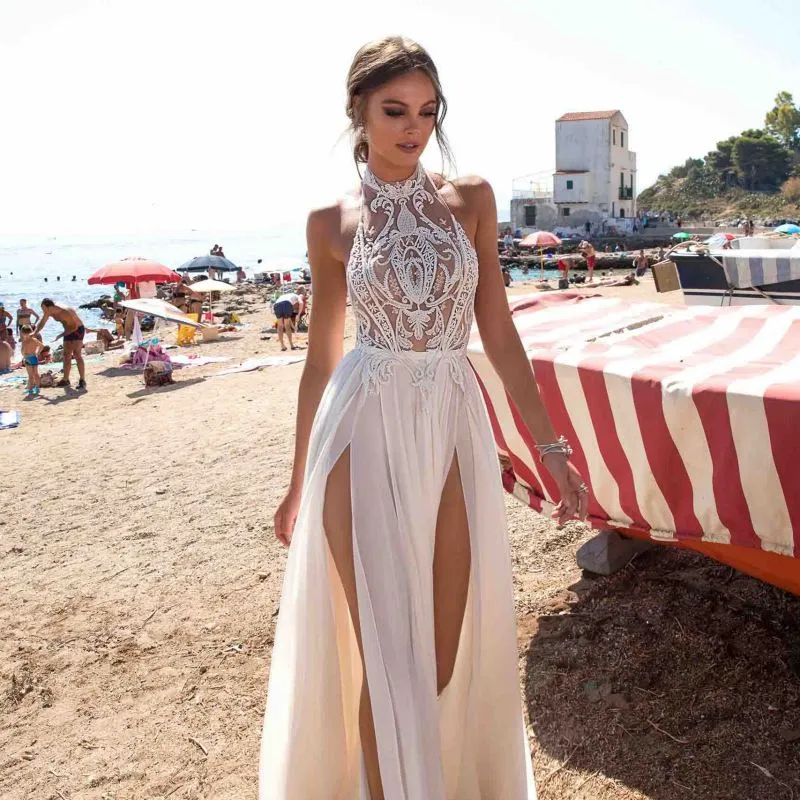 Berta Bohemian Backless Bröllopsklänningar Spets Applikerade A-Line Halter Neck Delad sida Brudklänningar Chiffong Vestido De Novia