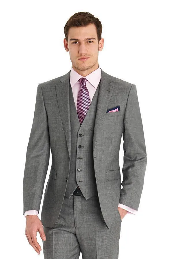 2017 Custom Made Mens Light Gray Passar Mode Formell Klänning Män Suit Set Män Bröllop Suits Brudgum Tuxedos (Jacka + Byxor + Vest + Slips)