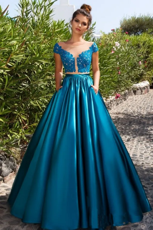Blue Satin A-Line Prom Dress with Boat Neck, Applique Draped Embellishment,  Short Sleeves, Built-in Bra, and Floor-Length Zipper Back from Dhgate Prom  Dresses - price 113.44