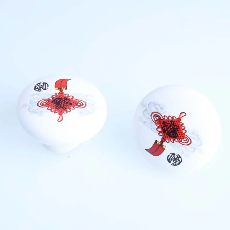38mm beauté chinois nœud chinois boutons de céramique blanche rouge céramique tiroir armoire poitrine tire enfants meubles de la salle enfants pulls