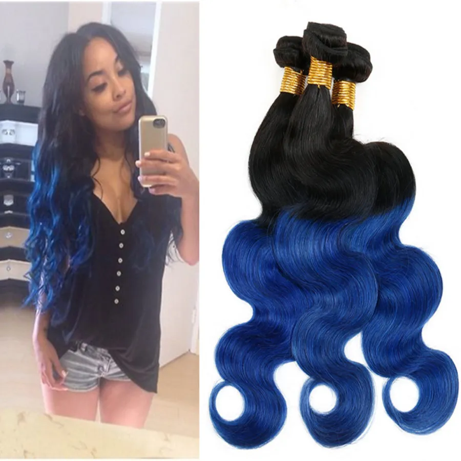 Elibess Två ton 1b / Blå Ombre 100g / st Brazilian Body Wave Human Virgin Hair 3 Bundles 100% Human Hair Black and Blue Ombre Extensions