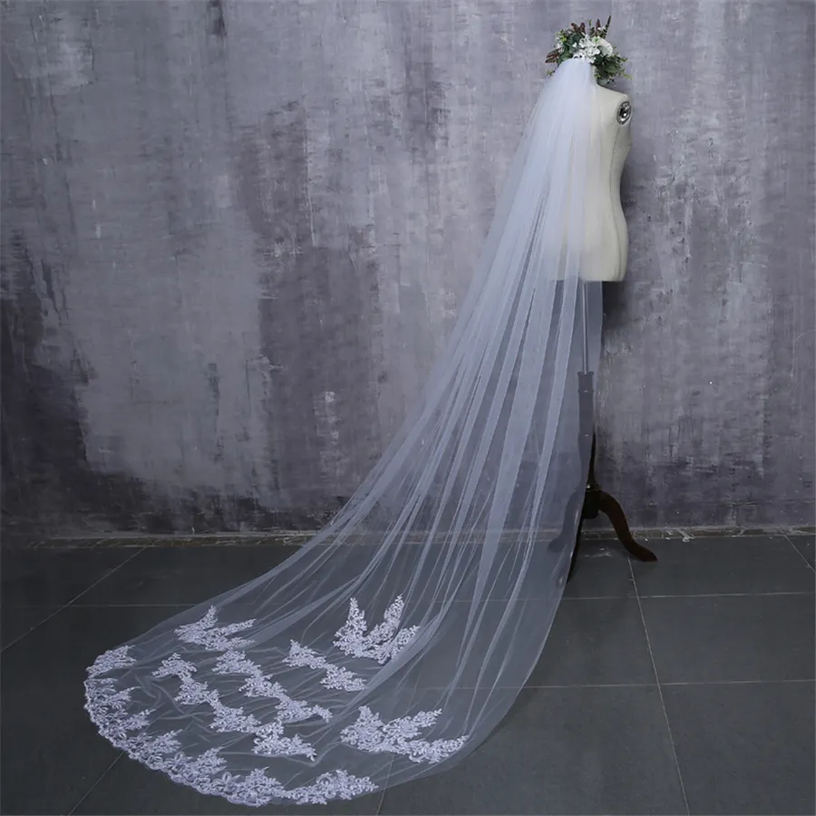 2019 mariée voiles blanc Applique Tulle 3 mètres veu de noiva long mariage accessoires de mariée voile de dentelle