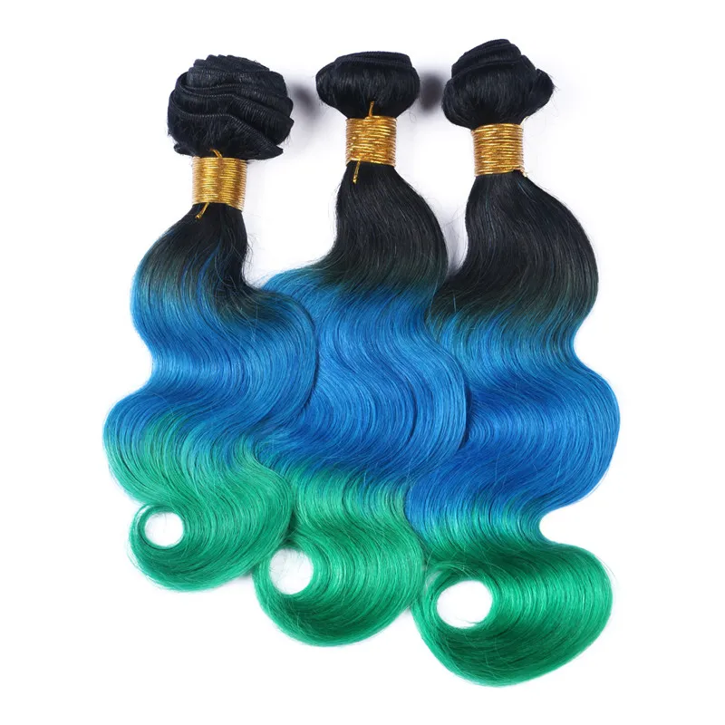 1B Blue Green Dark Root Ombre Brazilian Human Hair Bundles Body Wave Virgin Remy Human Three Tone Ombre Hair Weaves Extensions